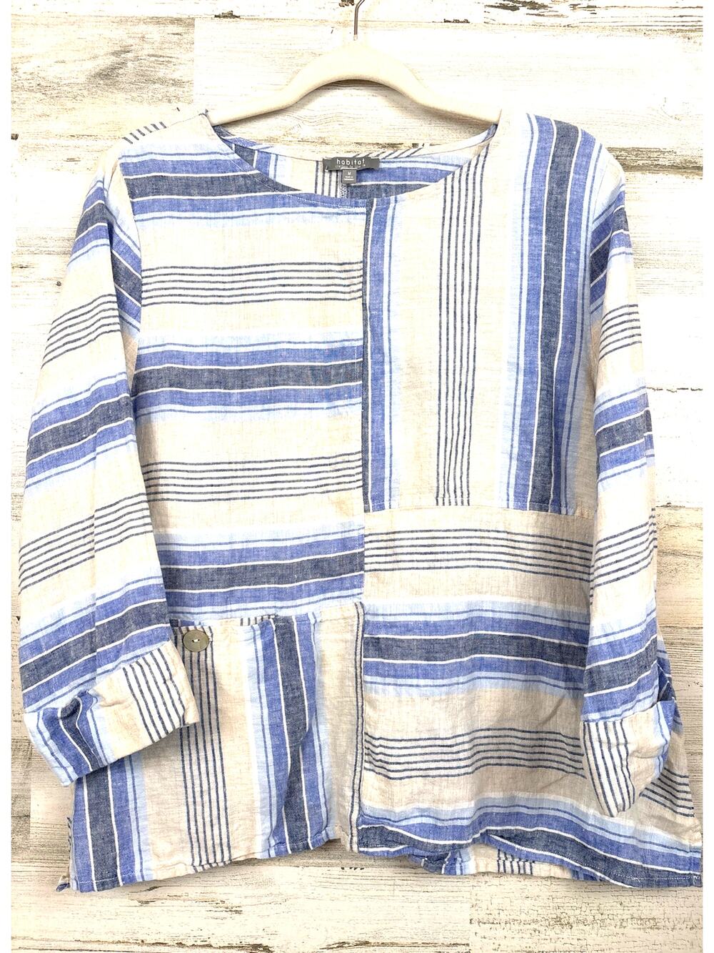 Habitat M Blue White Patchwork Linen Blouse Coastal Artistic Summer